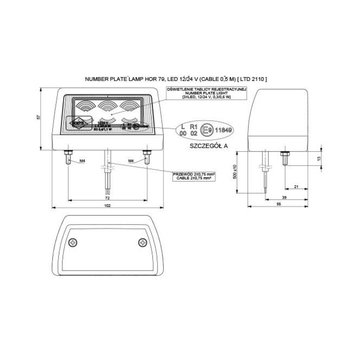 [HORPOL] 3-LED License Plate Lighting (Black Base)
